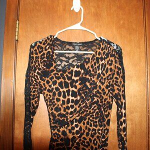 Moda International Leopard Print Lace Bodycon Midi Dress Long Sleeve Small